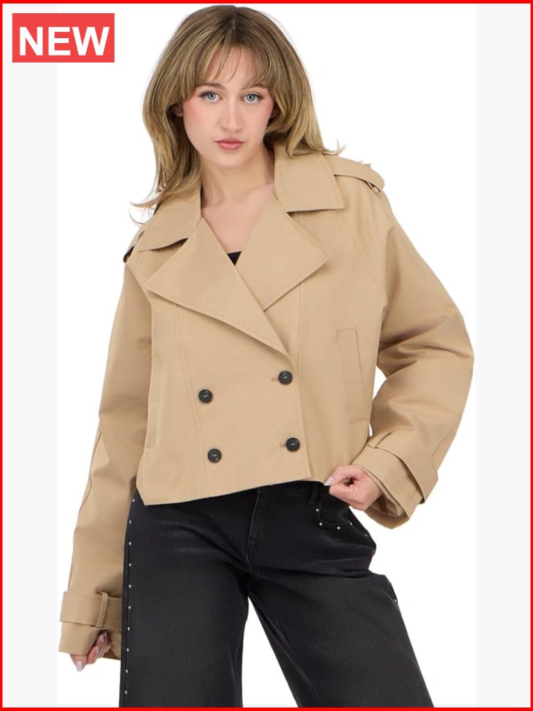 Women's Cropped Trench Jacket Double-Breasted Lightweight Cotton Blend